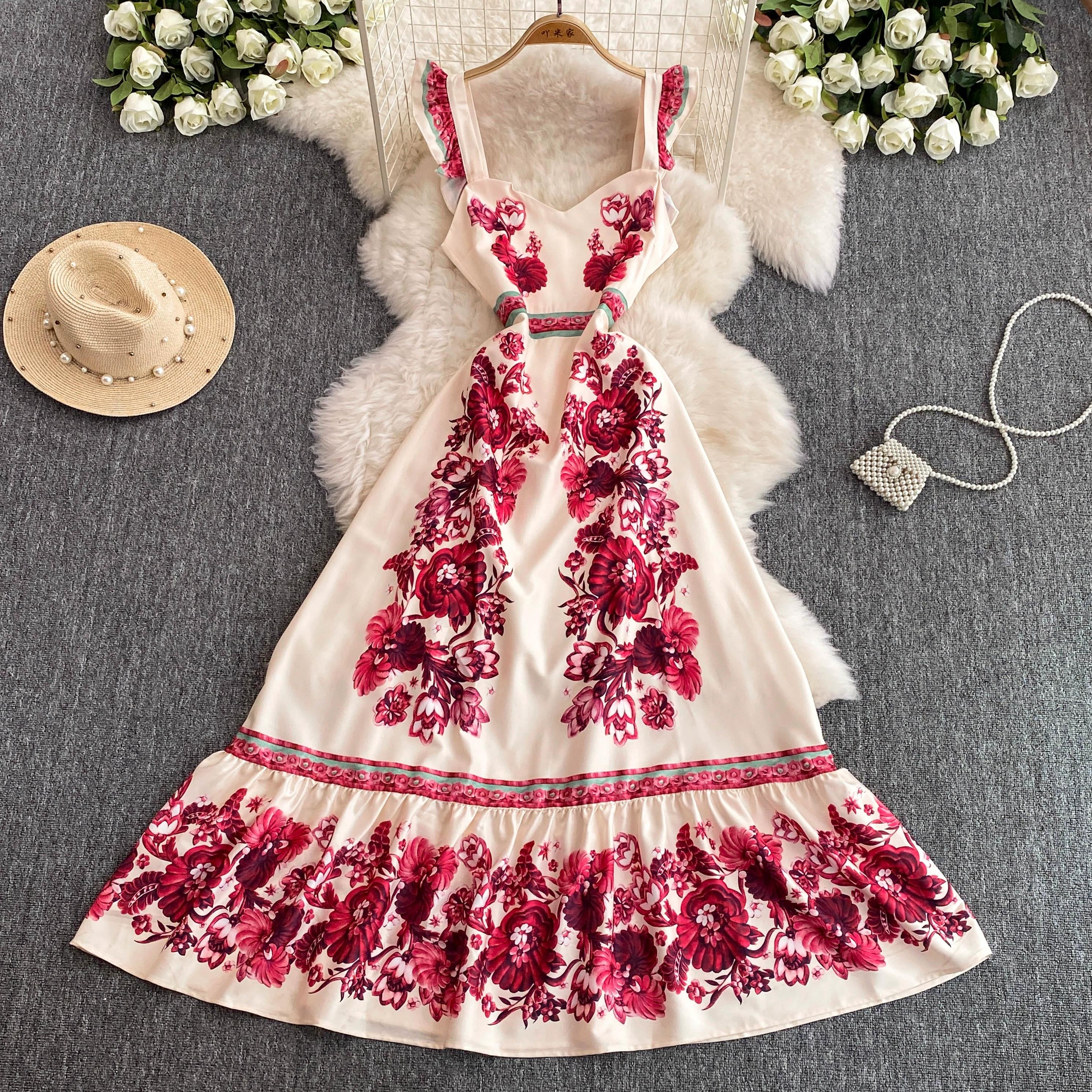 

Летние женские дизайнерские винтажные платья с принтом для подиума Элегантные оборки на тонких бретельках Длинные вечерние платья макси L