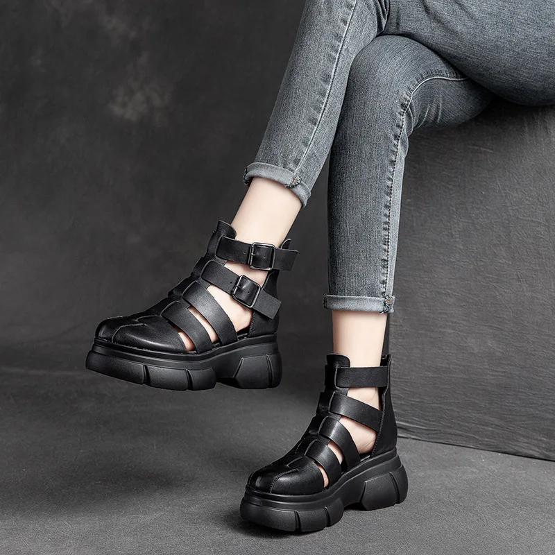 Fashion Hot Quality 6CM Retro Thick Heel Sandals for Women Genuine Leather Summer High Heel Closed Toe Sandals Buckle ZIP Platform Shoes