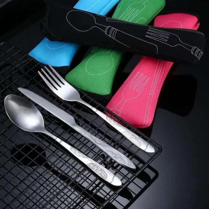 3Pcs New Portable Travel Cutlery Stainless Steel Western Style Steak Knife Fork Spoon Complete Set of Tableware Home Use Outdoor