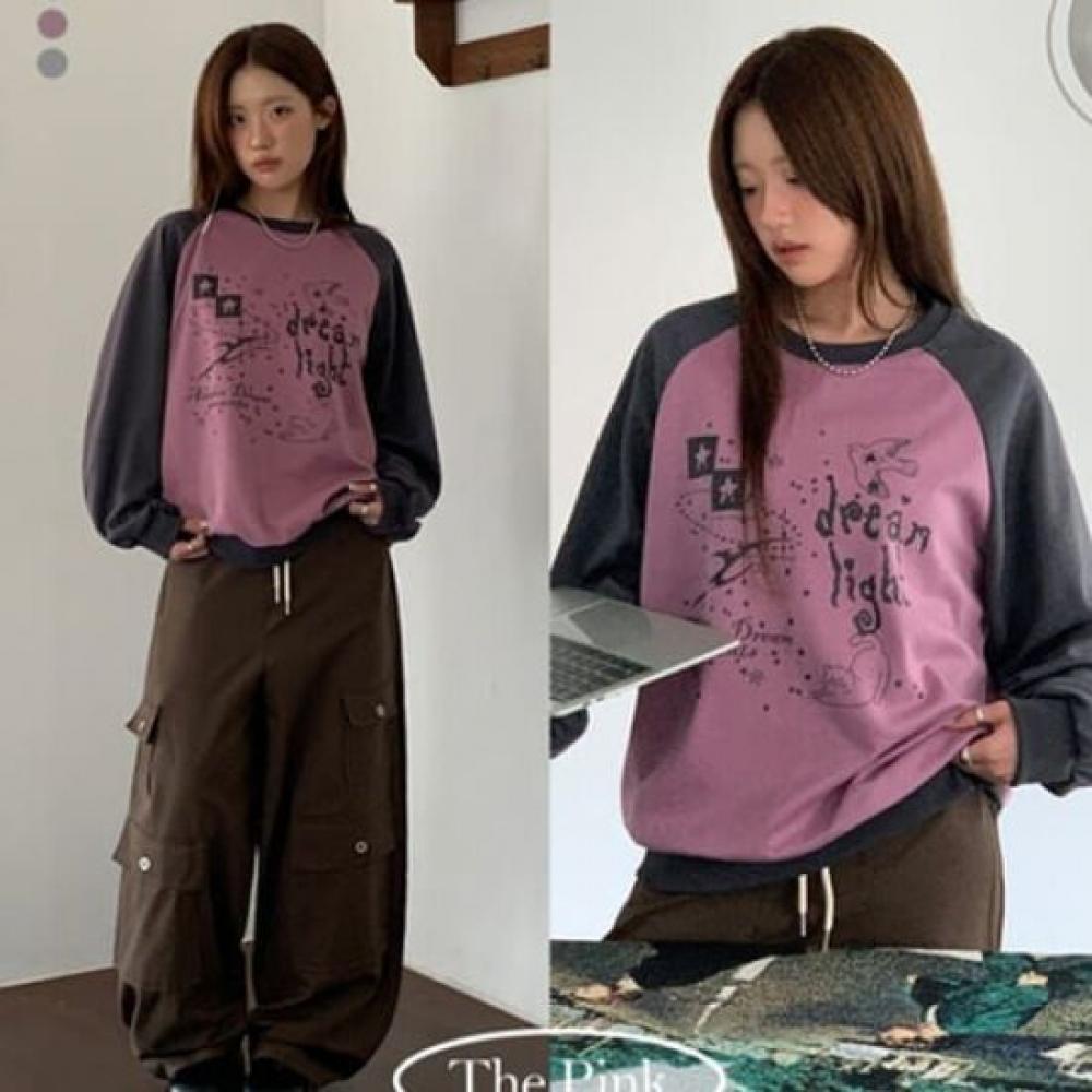 The Pink Unisex Yukon Oversized Raglan Color Printing Sweatshirt