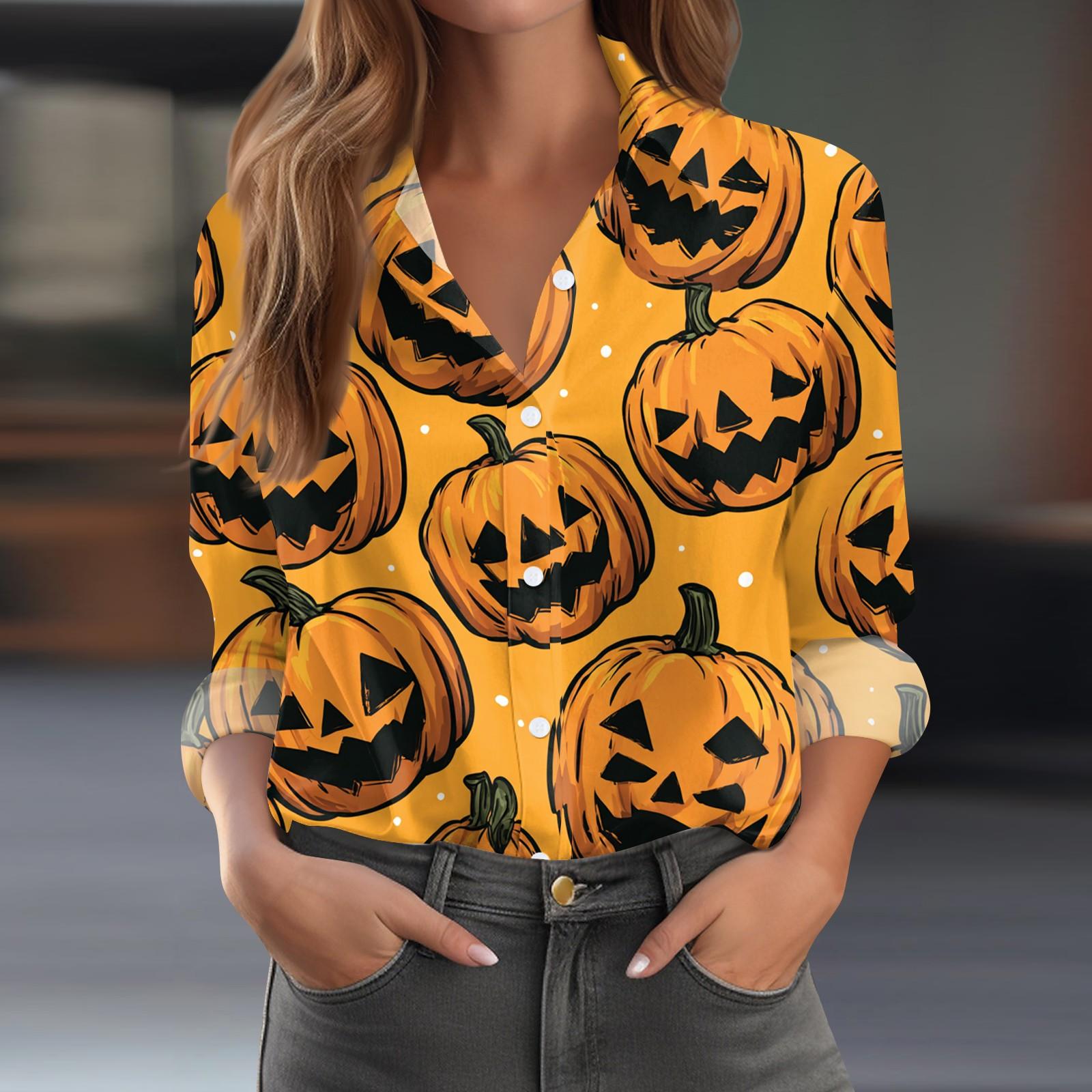 

Женская повседневная рубашка с длинным рукавом и принтом на Хэллоуин, с полуоткрытым воротником L оранжевый