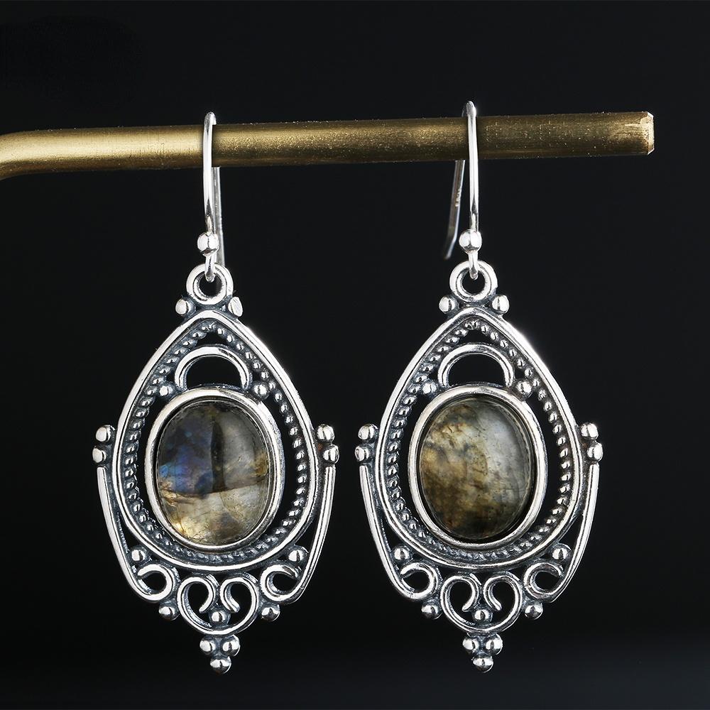 Silver Retro Natural Labradorite Earrings For Women Oval 8x10mm Stone Vintage Gift Party Ear Stub Earrings Jewelry Wholesale