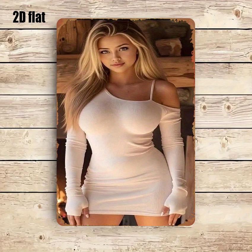 Mfoever Tin Sign Gorgeous Busty Blonde Model In White Off Shoulder Ribbed Bodycon Mini Dress Posing Vintage Metal Tin Sign Retro Iron Painting W