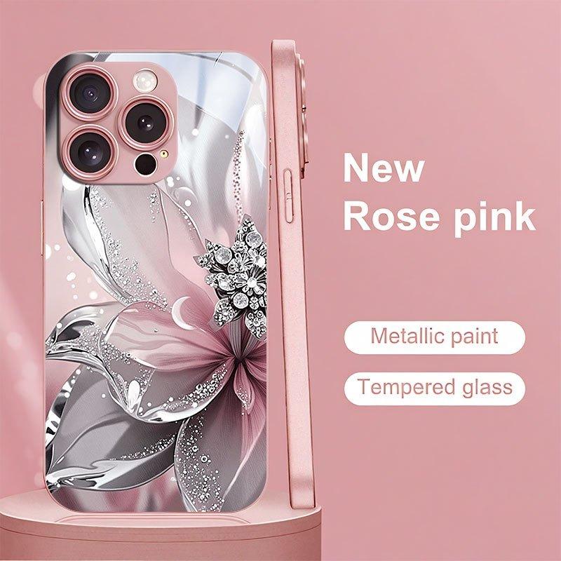 Silver Textured Flowers Pattern Pink Metallic Glass Phone Case For iPhone 11 12 13 14 15 16 17 Pro Max 15 Plus 17 Air 16E Cover