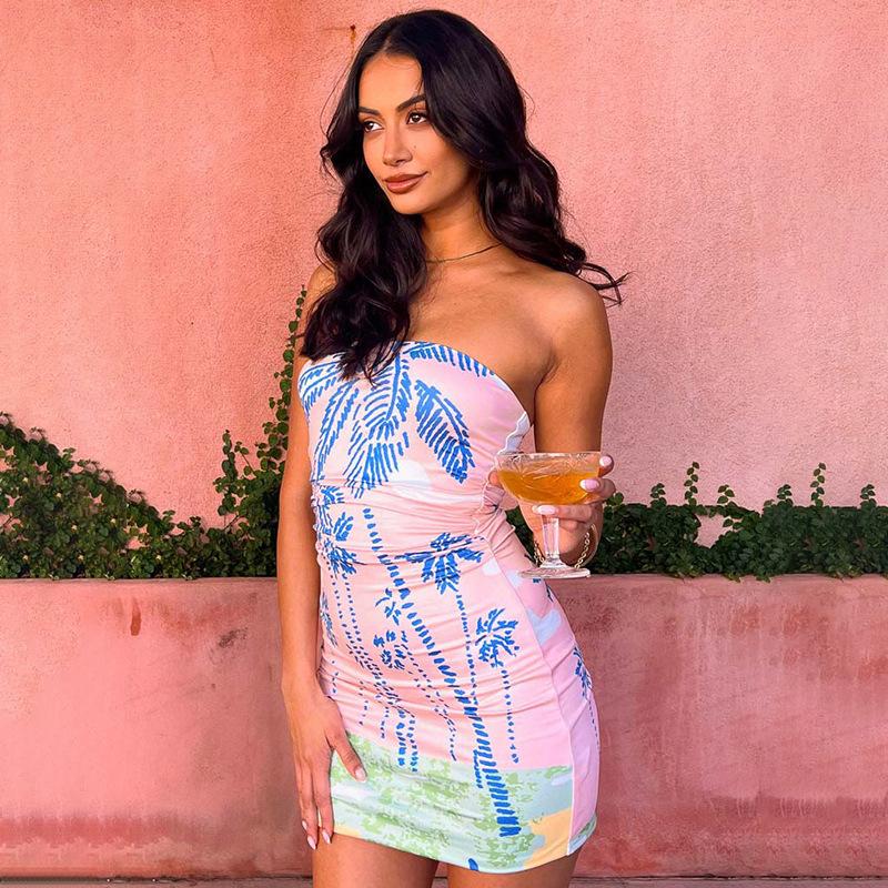 Sexy, schulterfreies, schmal geschnittenes Kleid mit Print für Damen