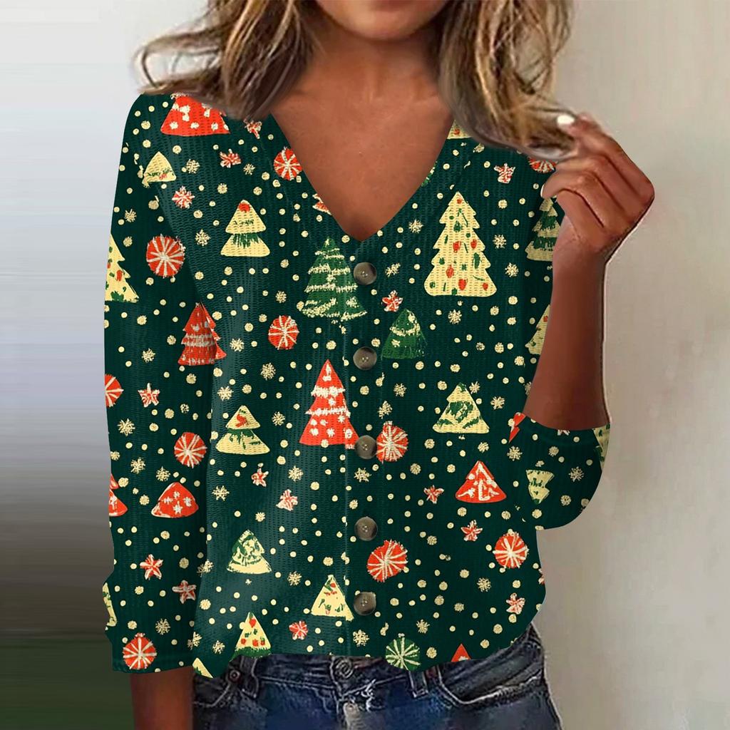 Women's Fashion Print Long Sleeve Knitted Cardigan Button Up Jacket