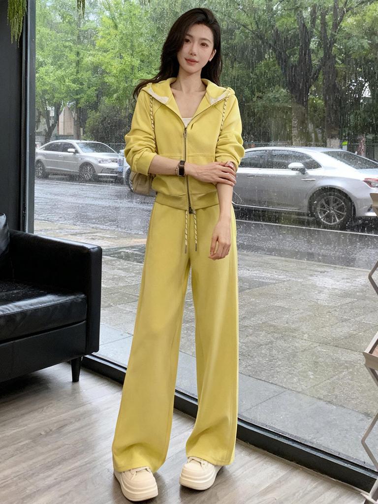 Women's High-End Casual Hooded Cardigan and Wide-Leg Pants Set for Spring/Autumn 2026