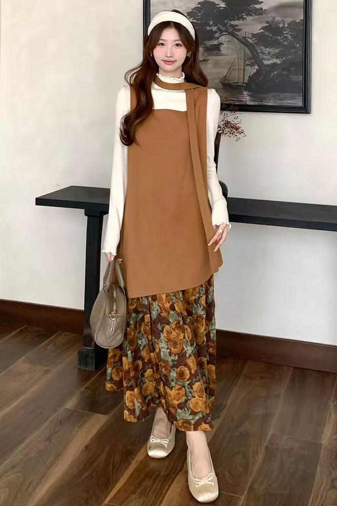 Chubikime Long Dress with Floral Faux Layered Loose and Ribbon Stylish and Feminine for and Women's Two-Piece Print, Design, A-Line, Fit, Detail.