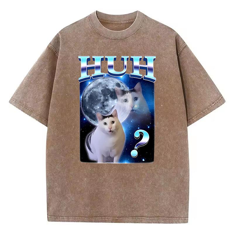 Cat Saying Huh Harajuku T Shirt Vintage Washed Cotton T-Shirt Graphic Tee Casual Streetwear Spring Summer Fall