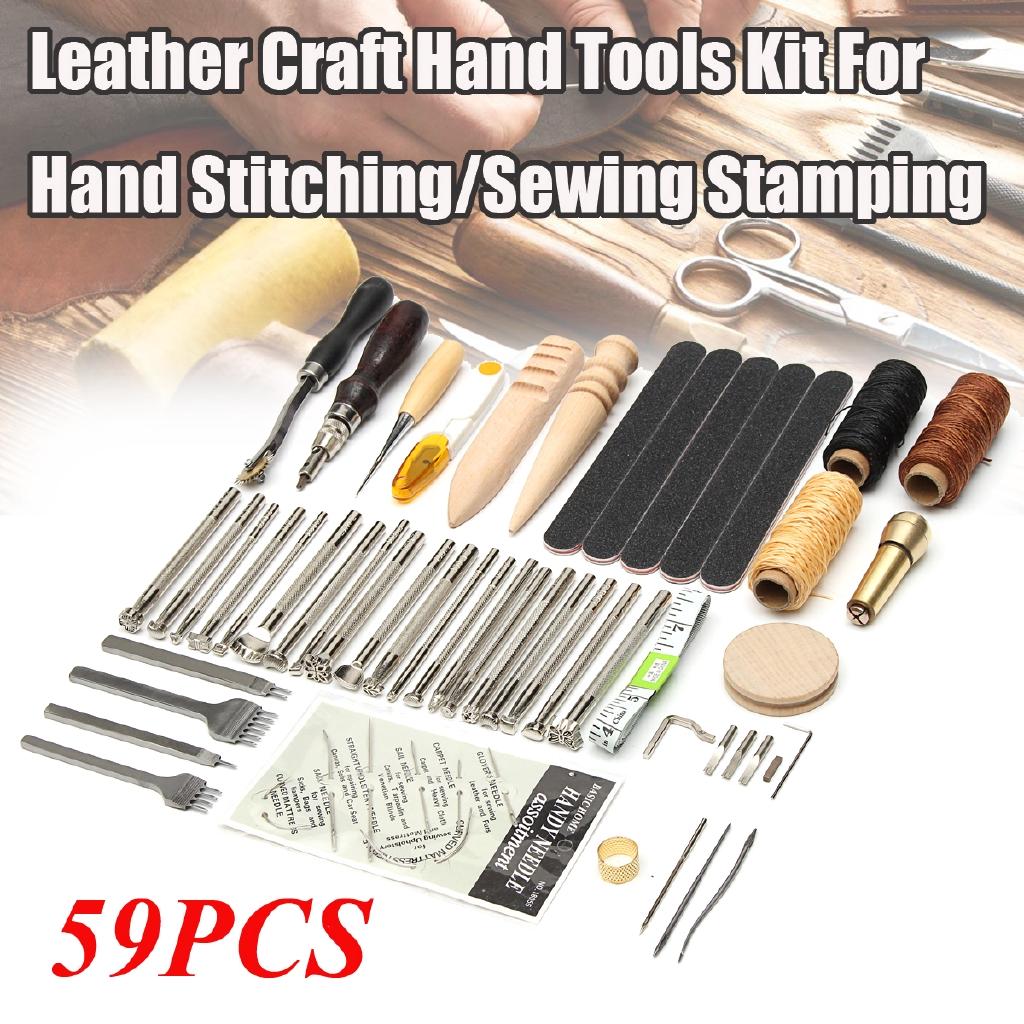 59PCS Leather Craft Hand Tools Kit Thread Awl Waxed Thimble Kit Hand Stitching Sewing Stamping DIY Tool Set