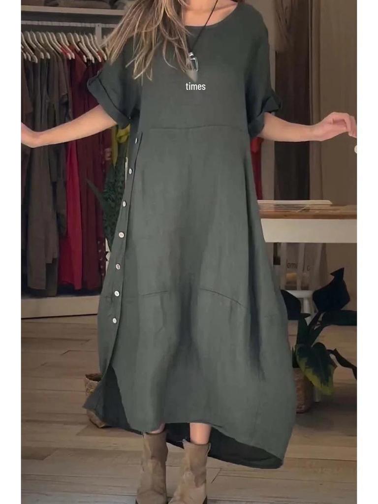 2025 Damen Sommer Locker Lässig Einfarbig Kurzarm Baumwolle Leinen Kleid