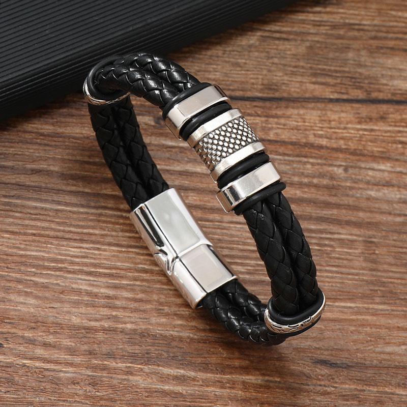Двухслойный дизайн Текстурированный сплав Шарм Браслет Ретро Панк Стильный Ручной Аксессуар Мужской Плетеный Браслет из ПУ Кожи 21cm