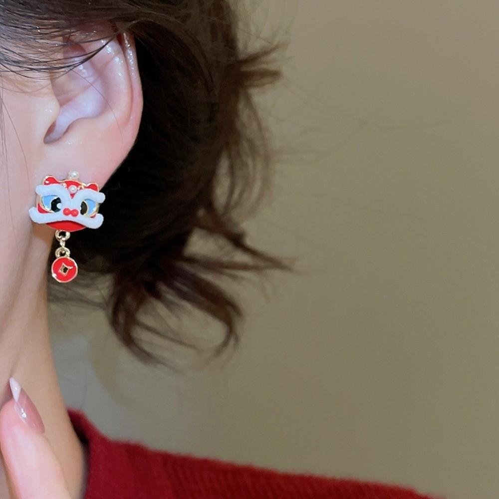 Cartoon Bow Lion Dance Earrings Year of Horse Awakened Lion Lion Dance Ear Studs Pearl Chinese Style Drop Earrings New Year Gift