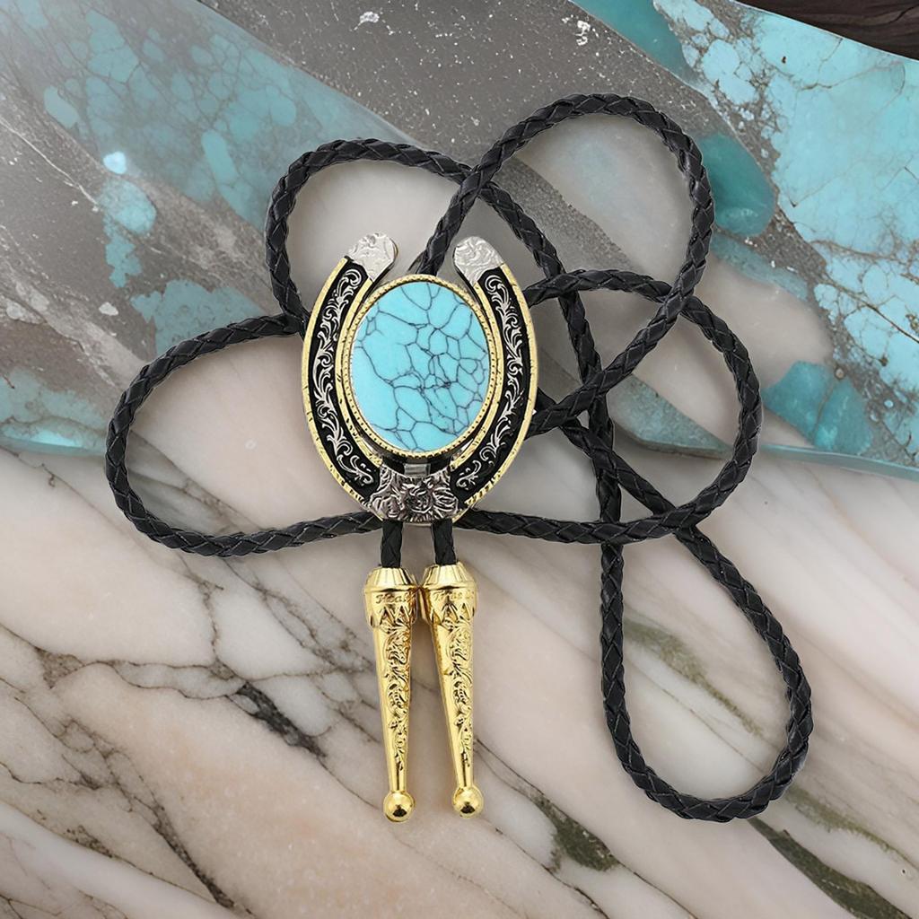 Vintage Bolo Tie Western Antique Crack Stone Cowboy Pendant Shirt Chain Collar Necktie Leather Rope Jewelry Necklace