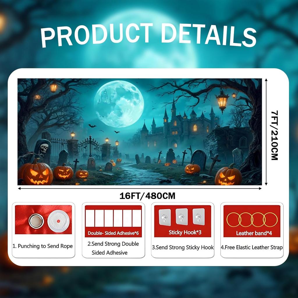 Halloween Garage Door Cover Banner, 16 X 7FT Large Hanging Backdrop Door Cover Horror Haunted Cemetery House Pumpkins Halloween Garage Wall