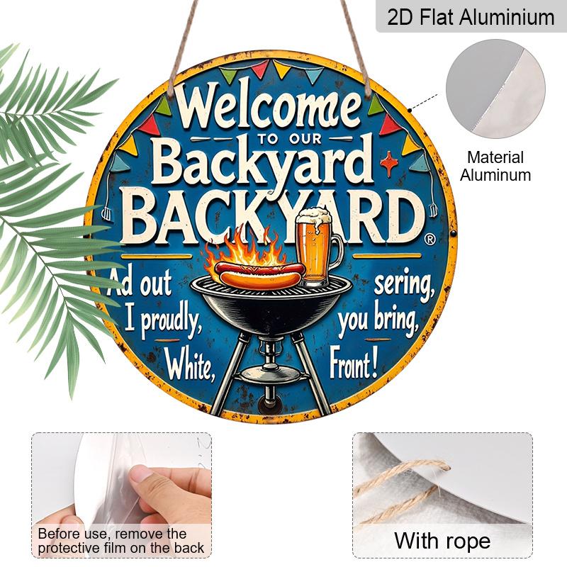 2D Flat, 1pc 7.87" Round Aluminum Sign with "Barbecue Party Beer Garden" Vintage Decorative Plaque, Yard BBQ Beer Theme Aluminum 2D Decoration Plate