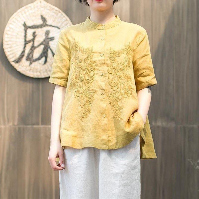 Women's Standing Collar Shirt Artistic Embroidery Shirt Plus Size Short Sleeved Shirt Women's Linen Shirt