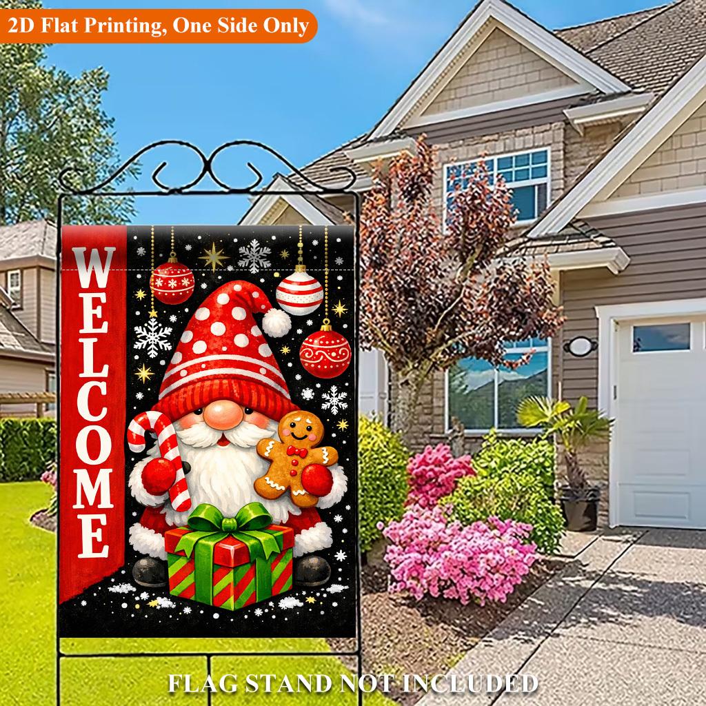 Gnome Santa Holds Candy Gift Single Sided Polyester , Garden Flag - Single-Sided, Polyester, Outdoor Yard Decor