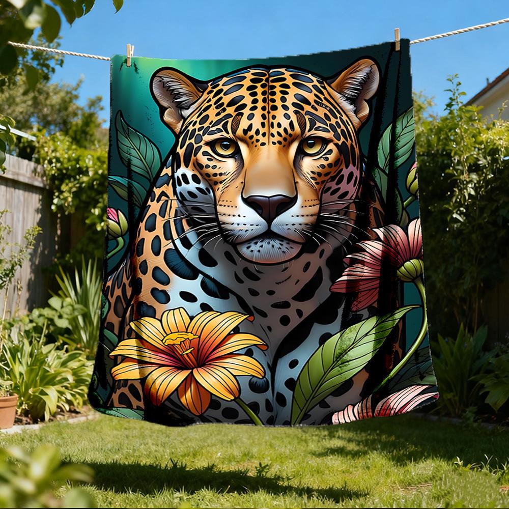 1pc Leopard Floral Print Throw Blanket Polyester Fiber, Lightweight Flannel, Soft & Warm, All Season Use for Outdoor, Camping Digital Print