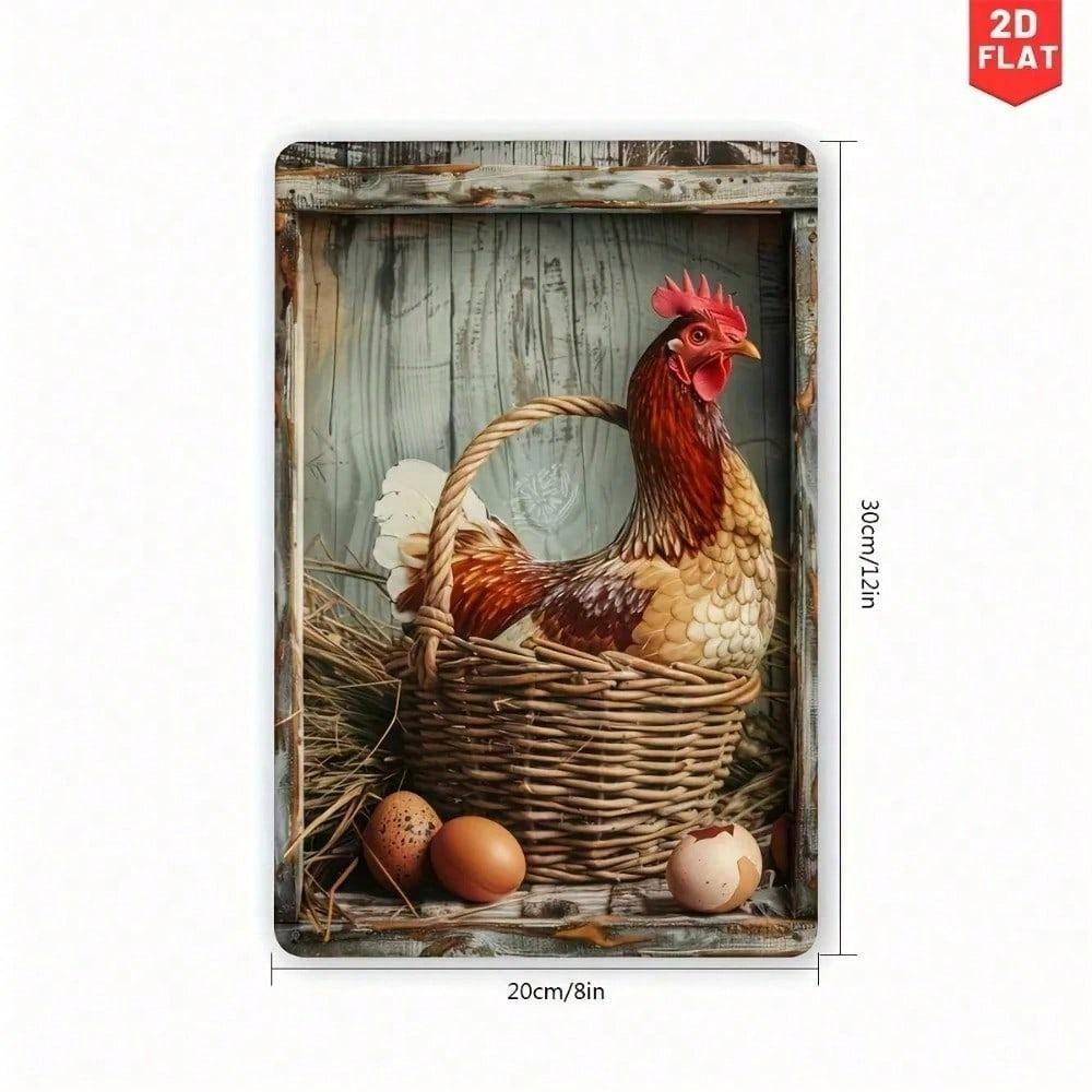 Póster Metálico Vintage Gallina de Granja Huevos Arte de Pared para Cocina