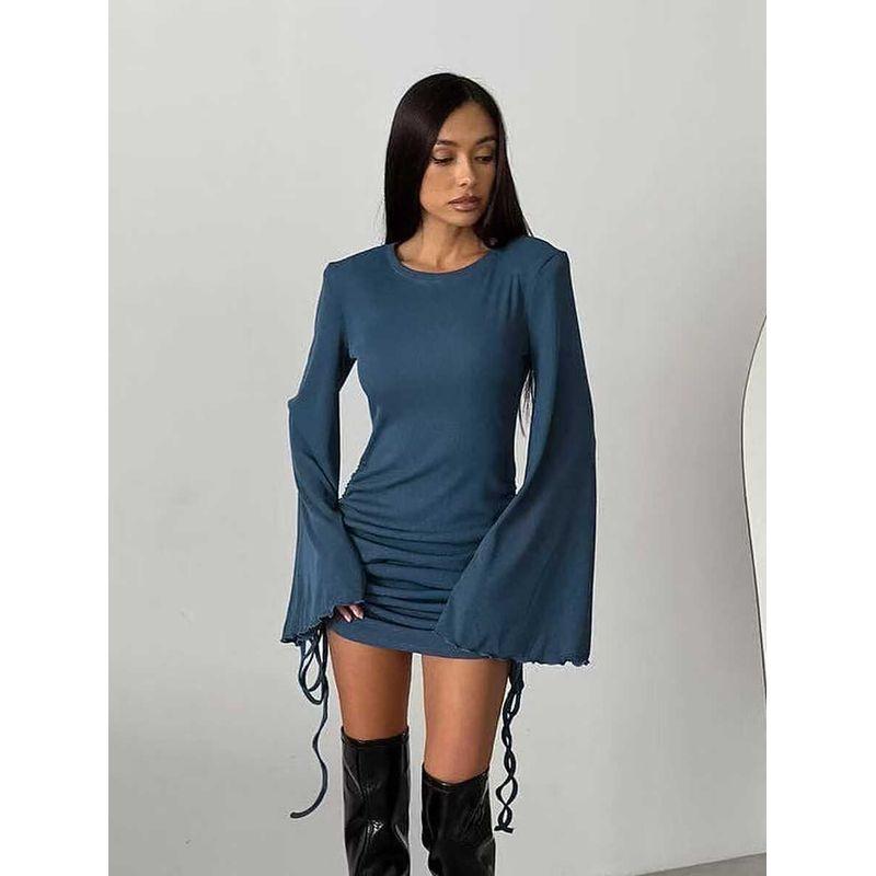 Fall Fashion Fashion round-Neck Flared Sleeves Shoelace Dress Trumpet Sleeve Lace up Dress
