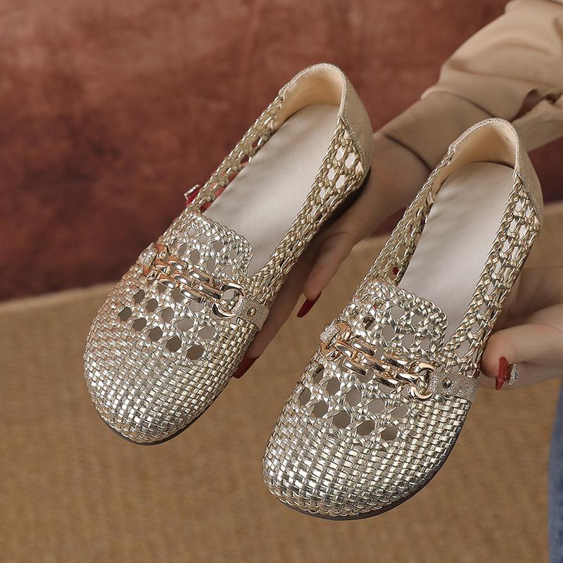 GKTINOO Damen Echtleder Hollow Sandalen 2025 Sommer Gewebte Slipper Große Größe Lässig Flach Damenschuhe Weiche Sohle