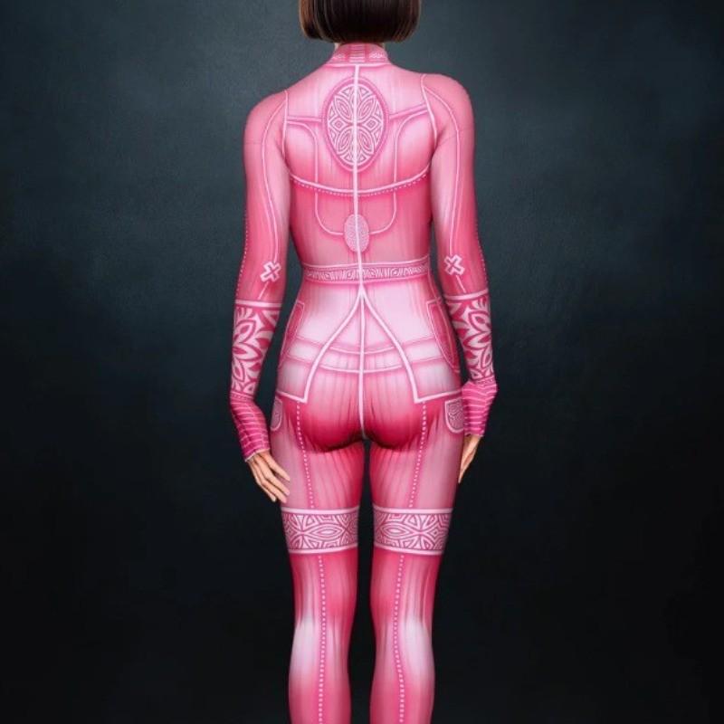 Women Dance Pink Tights Adults Halloween Party Cosplay Dress Up Cyber Punk 3D Digital Printing Jumpsuit