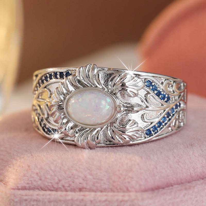 Vintage Inlaid Imitation Moonstone CZ Women's Ring CopperColor Hand Carving Flower Daily Wear Party Jewelry Anniversary Gift