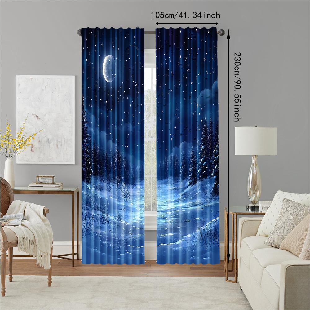 2 pcs   versatile polyester transparent curtains for home decoration Night Sky & Snow Scene for use in bedrooms and living rooms
