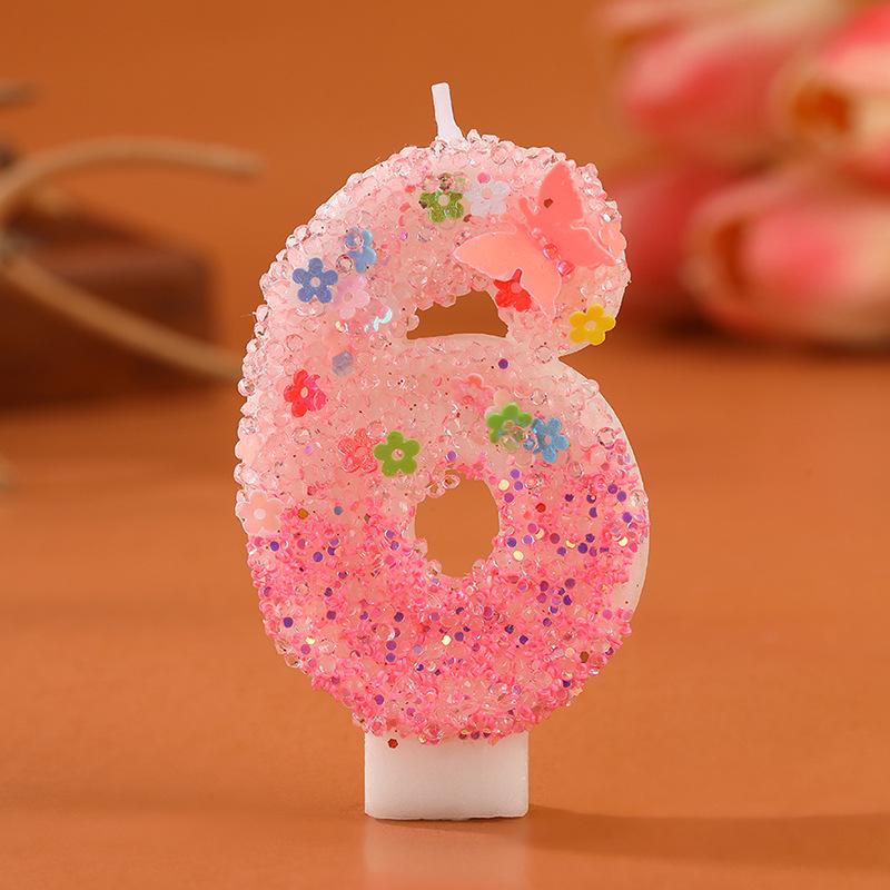 Romantische rosa Farbverlauf-Zahlenkerze mit Schmetterling und Blumen-Glitzer für Geburtstags-Kuchendekorationen