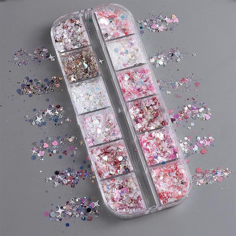 Glitter Sequin Mixed 12 Grids Star Heart Shape Colorful Nail Sequins For Sparkling Shaker Nail Art Flakies Paillette Manicure