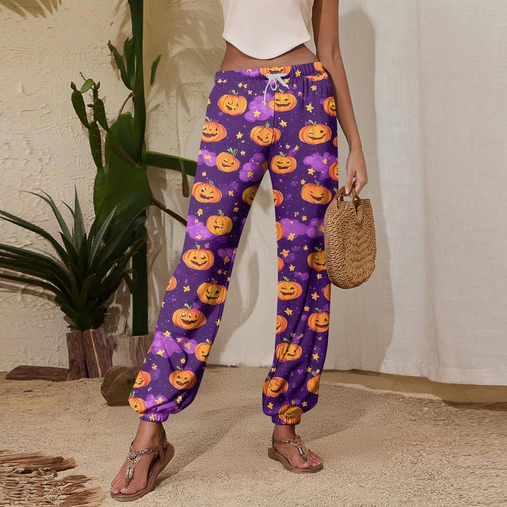 Women's Halloween Print Joggers Sweatpants - Drawstring Elastic Waist Cuffed Casual Pants for Fall Holiday Party