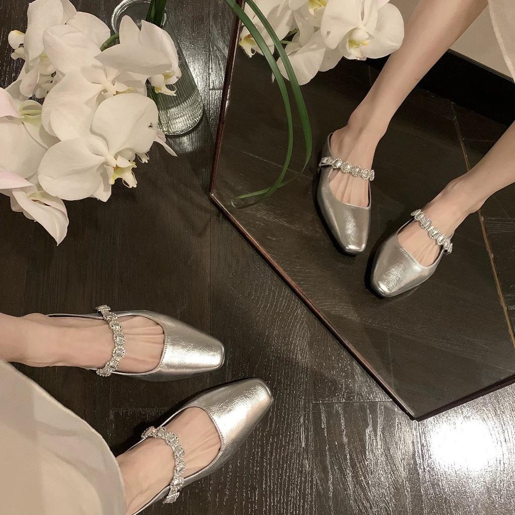 Sheepskin Version~ French Small Square Head One-word Diamond Strap Leather Muller Shoes Inner Height Increase Thick-soled Half Slippers Women