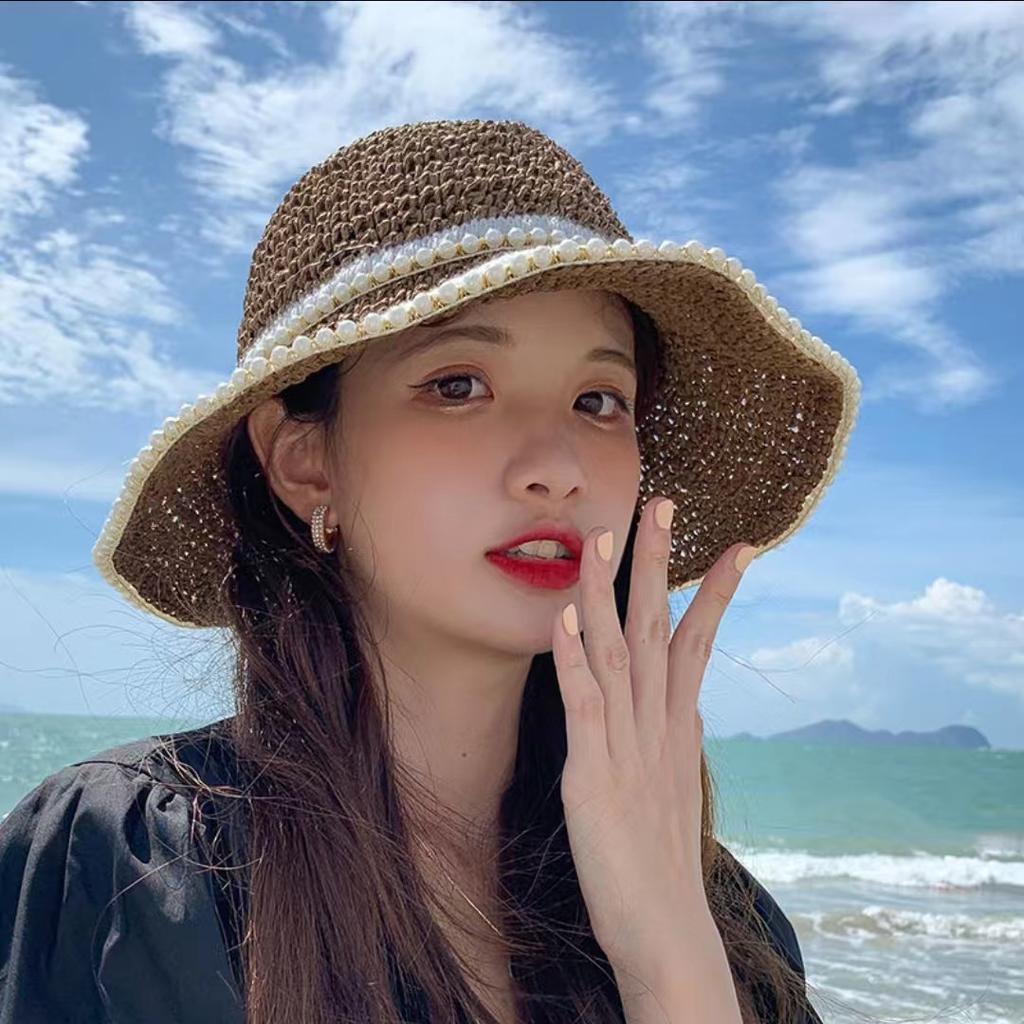 Hat women's woven pearl straw hat summer thin sunshade sun protection seaside beach show face little fisherman sun hat cool