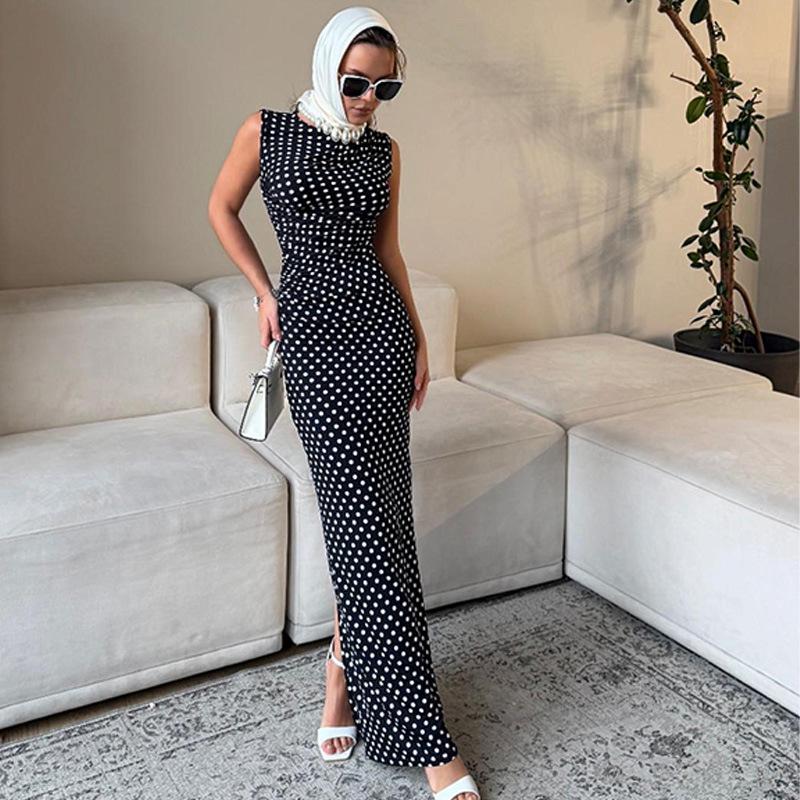 

European and American fashion women s clothing sleeveless vest slim and thin fashion polka dot dress elegant hip-wrapped long dress L чорний