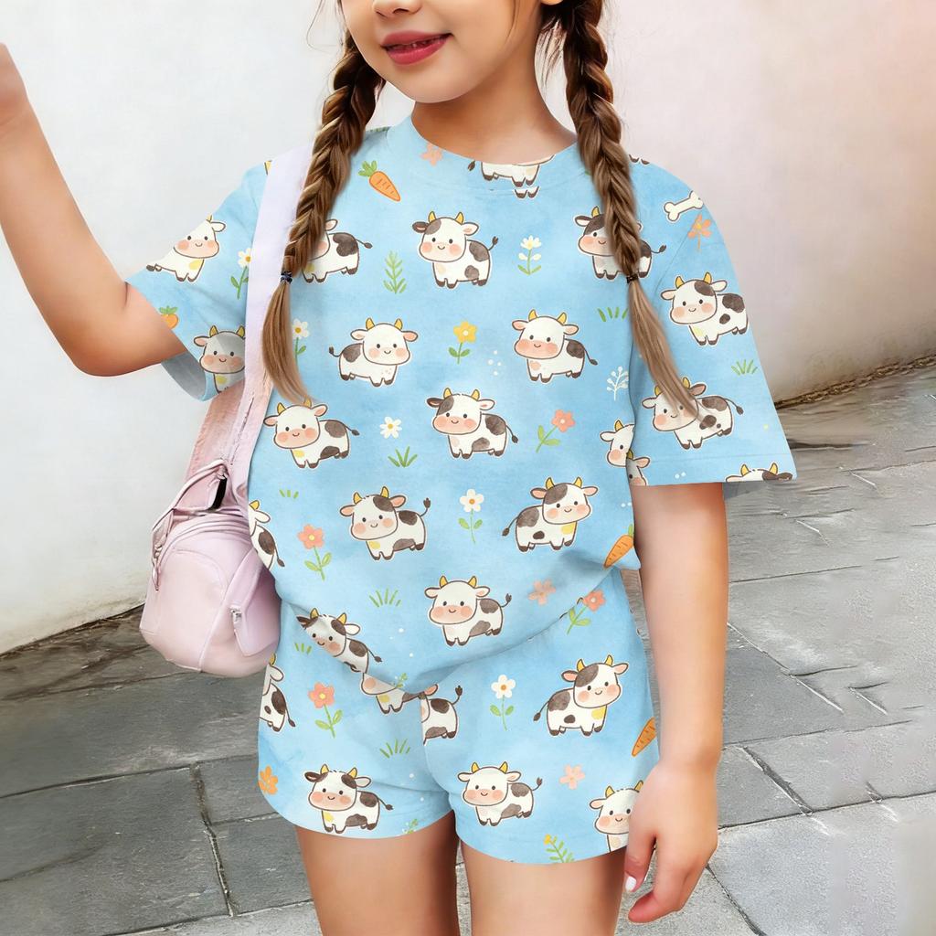 Kids Casual Short Sleeve Top and Shorts Set Animal Print Lightweight Soft Fabric Comfortable Fit Summer Outfit for Boys Girls