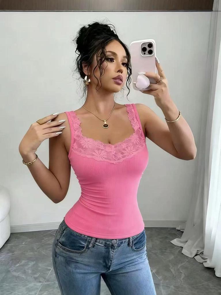 Spicy Girl Lace Trim Solid Color Slim Camisole