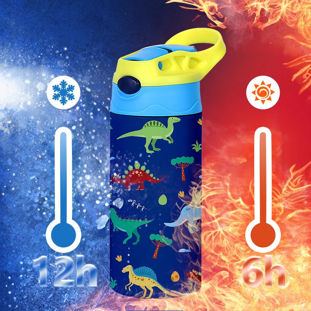 12OZ/360ml Stainless Steel Insulated Bottle Cartoon Pattern Thermos Cup Children Thermos Kettle Outdoor Portable Handheld Cup