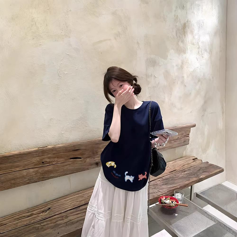 Cotton Short-sleeved T-shirt Women's Loose Cartoon Lazy Style Niche Design Sense Versatile Half-sleeved Trendy T-shirt Top Summer