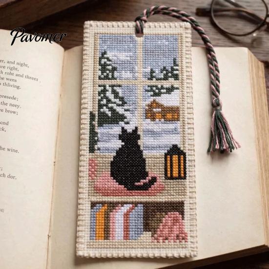Cross Stitch Bookmark DIY Kit for Adults Beginners, Seasonal Cat Handmade Embroidery Kit, Gifts Lovers, Readers Reading Accessory
