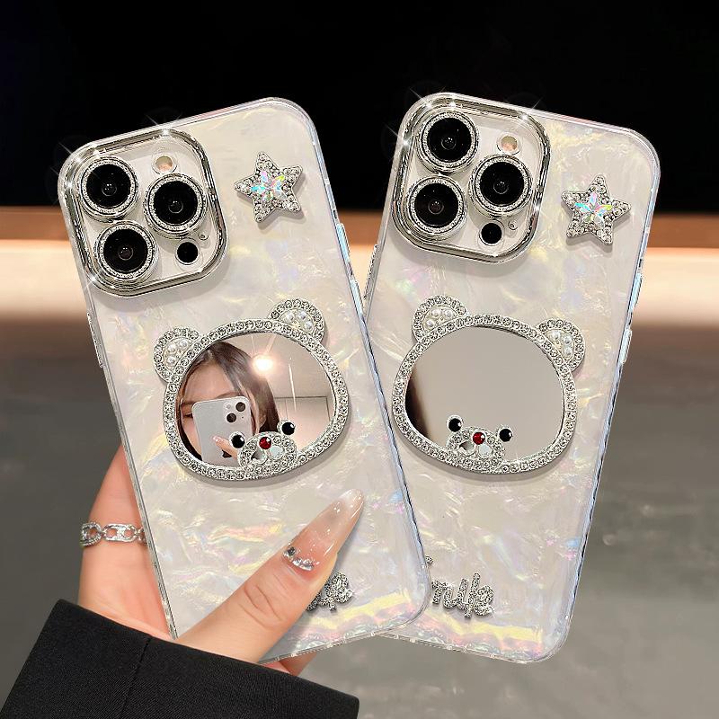 Bear mirror bracelet is suitable for Apple 16promax mobile phone case 13 flash diamond star doll 15 high-end sense 14 women