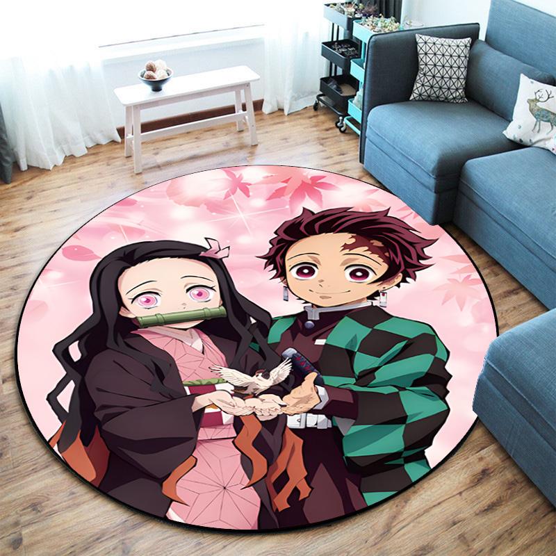 Classic Japanese-style Cartoon Demon Slayer Round Rug, Home Soft Decorative Anti-slip Yoga Mat and Chair Mat, Outdoor Floor Mat Carpet K12