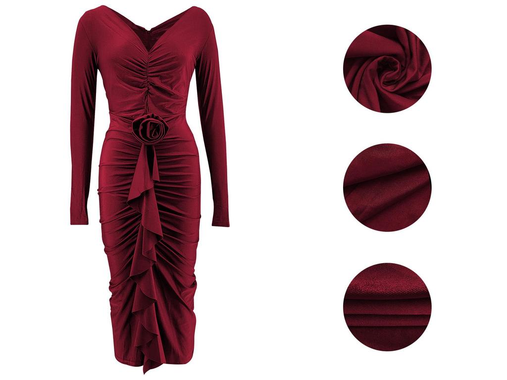 Europäisches & Amerikanisches Damen Herbst/Winter V-Ausschnitt Langarm Kleid - Rosenblumen Hip-Hugging Design
