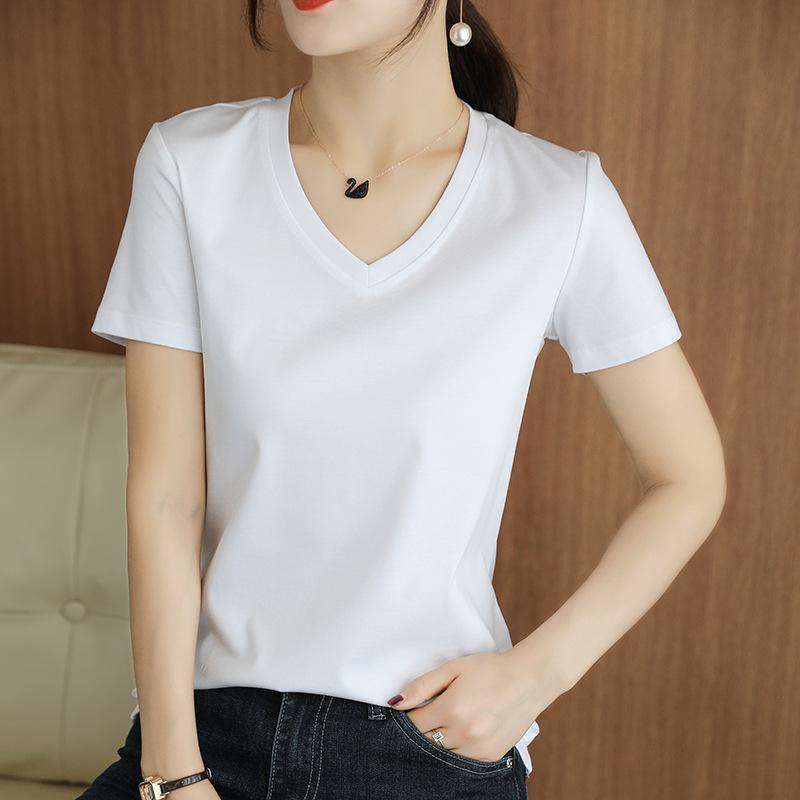 

V-neck T-shirt for Women Mercerized Cotton T-shirt for Cotton Thread Short-sleeved Summer New Slim Versatile Half-sleeved Top S