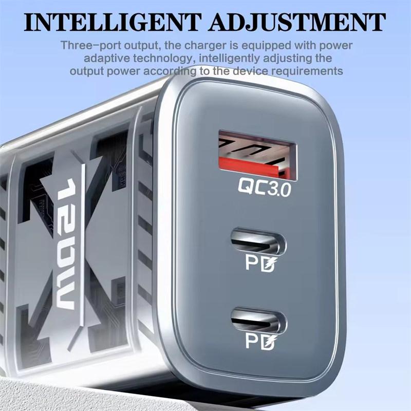 Carregador Rápido 120W 3 Portas Carregador de Celular QC3.0 USB Tipo C Carregadores Adaptador de Parede USB PD Duplo Plug UE/EUA para iPhone Samsung