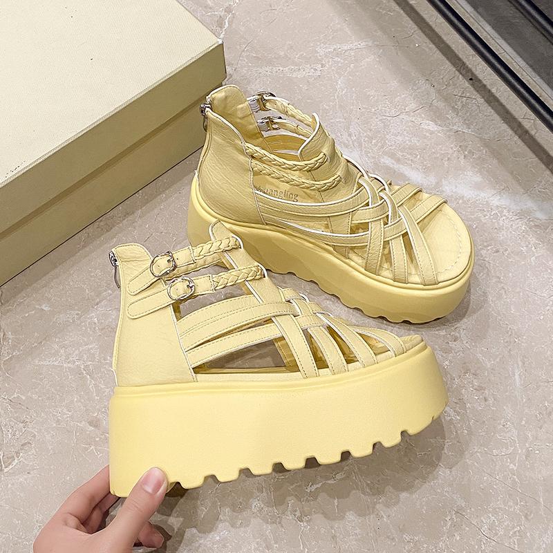 Fashion 2025 Designers Women Summer Leather Sandals Open Toe 8CM Platform Wedge Sneakers Women Casual Shoes Beach Sandálias Das Mulheres