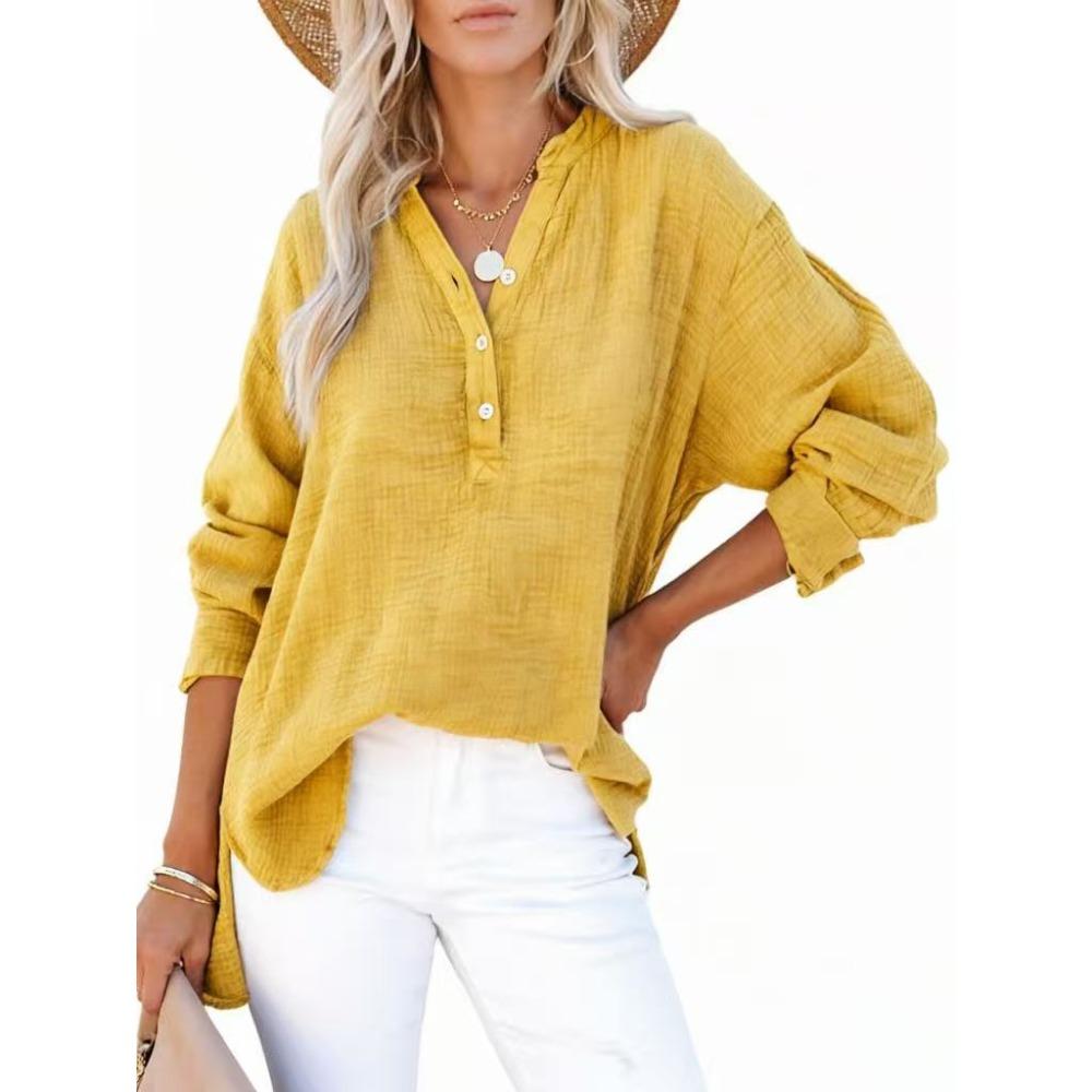 Women's V-Neck Long Sleeve Solid Color Casual Fashion Henley Blouse Shirt Top
