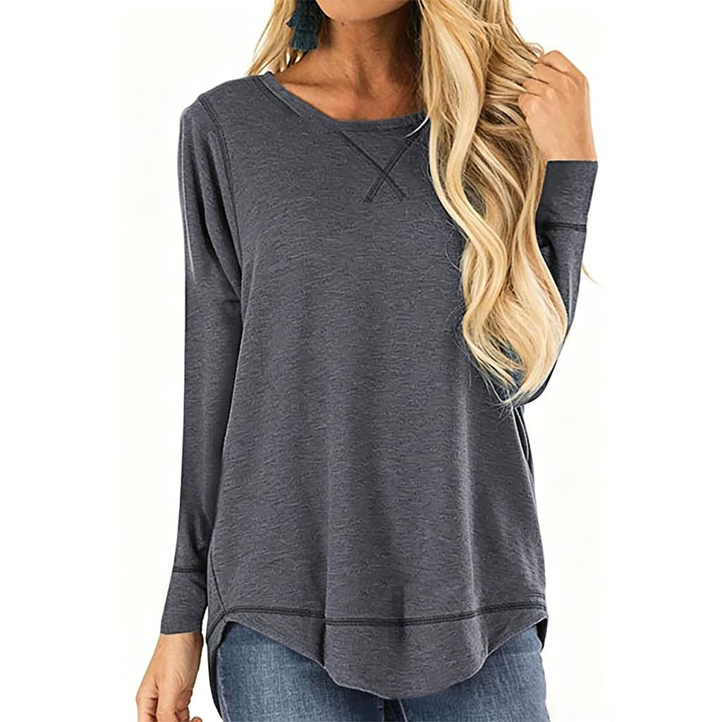 Women's Casual Long Sleeve T Shirt Loose Fit Crew Neck Irregular Hem Front Short Back Long Lightweight Pullover Top