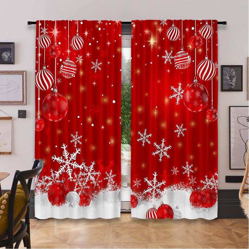 Set Of 2 Flat Printing Christmas Scene Curtains Red Snowflakes Digital Printed Polyester Drapes Birthday Party Use Curtain
