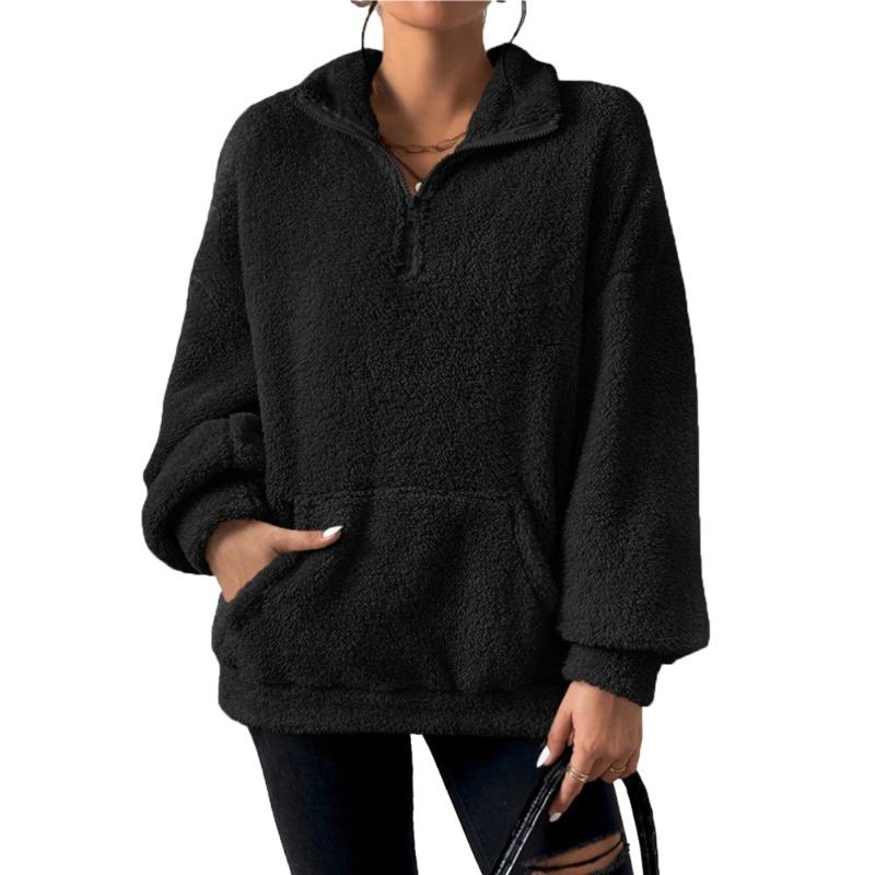 Autumn Winter Woolen Plus Plush Women's Standing Collar Hoodie Casual Top Hoodie